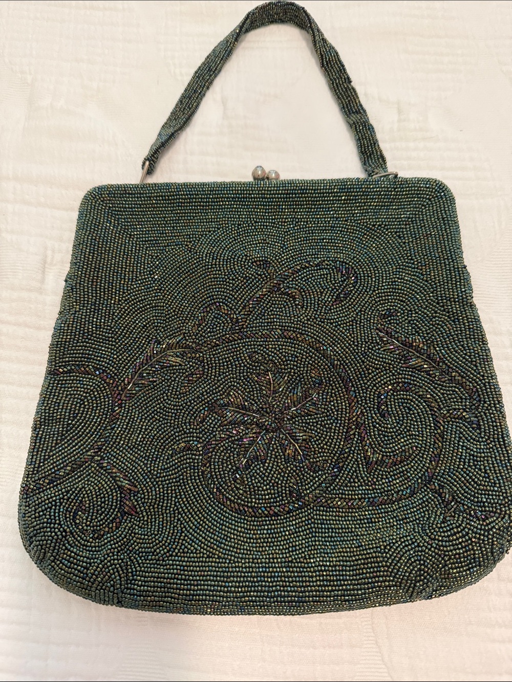 Beaded Antique Evening Handbag in Iridescent Dark Green Beads, etc All Perfect.